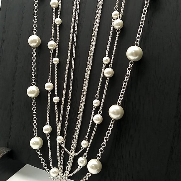 Vintage Style Multi-Strand Faux Pearl & Chain Link Necklace NWOT - Picture 2 of 15